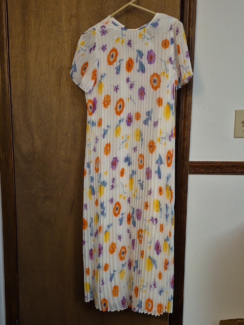 Ann Taylor White Floral Pleated Dress with Blue, Purple & Orange Accents